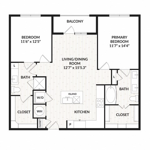 Floor plan for 2 beds, 2 baths, 1066 sqft